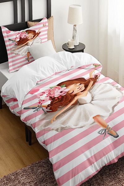 Else Dekor Pink and White Ballerina Patterned Single Children's Duvet Cover Set Without Sheets
