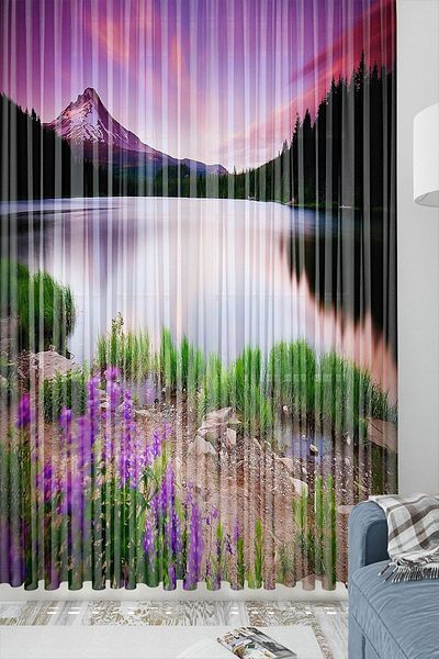 Else Dekor Purple Landscape River Pattern Decorative Modern 3d Tulle Backdrop Curtain