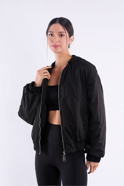 Yake Inflatable Lined Back Embroidered Hooded Short Black Coat
