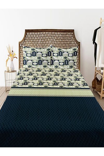 Else Dekor Green Navy Blue Double Weighted Pique Set - Patterned Printed Bedspread