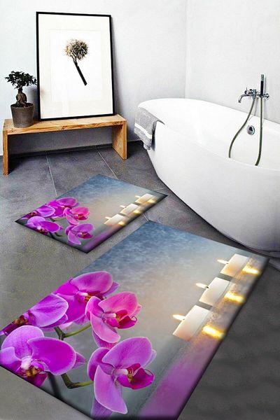 Else Halı Else Purple Flowers Κεριά 2 τεμαχίων Σετ καθίσματος τουαλέτας Σετ χαλάκι μπάνιου Μοκέτα