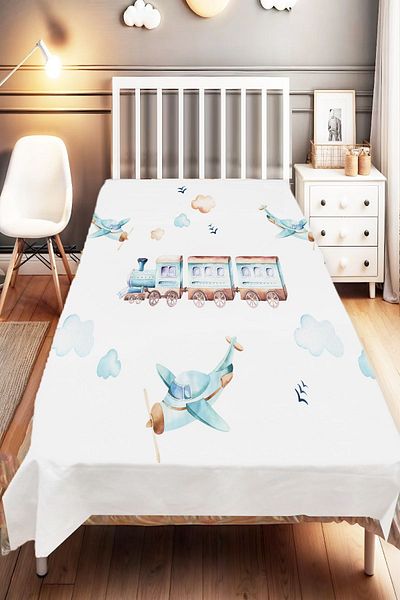 Else Dekor Single Blue Train Airplane Patterned Children's and Baby's Room Decorative Bedspread