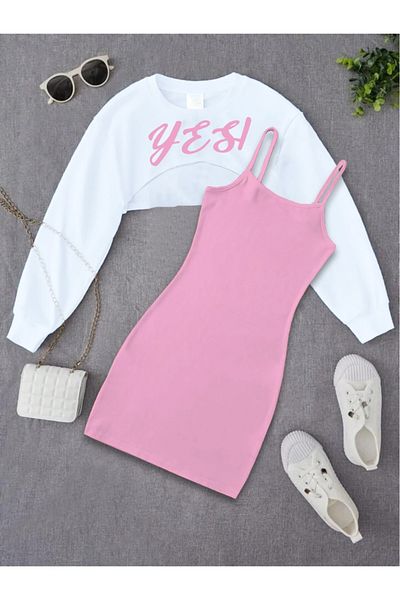 Machetta Yes Printed Dress and Crop Sweatshirt for Children - 2-Piece Combination