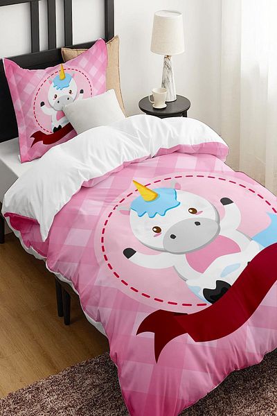 Else Dekor Pink Horse Patterned Single Children's Duvet Cover Set Without Sheets