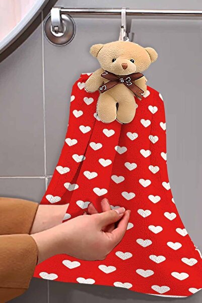 Else Dekor Червено-бяла кърпа за ръце с мотив „мече сърце“ за баня и кухня 30x35 см