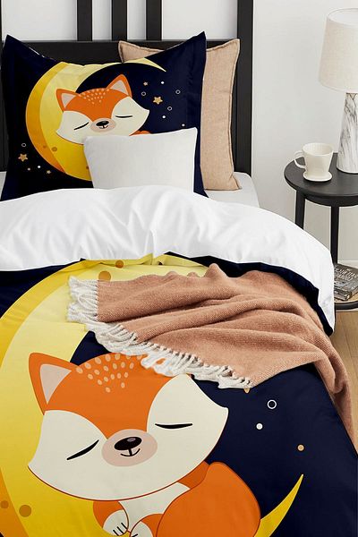 Else Dekor Single Children's Duvet Cover Set - Moon Grandpa Fox Patterned, No Sheets