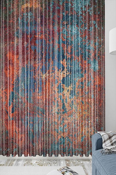 Else Halı Else Turuncu Yeşil Batikli Desenli Dekoratif Modern 3d Tül Fon Perde