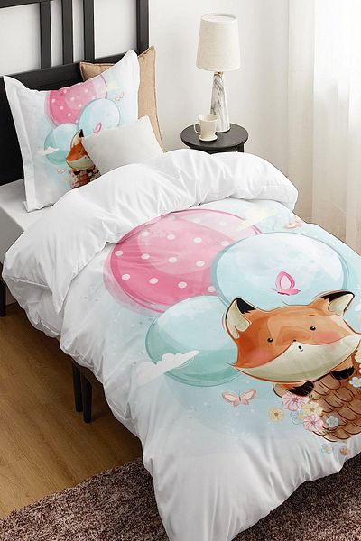 Else Dekor Single Children's Duvet Cover Set - Balloon and Fox Pattern, No Sheets