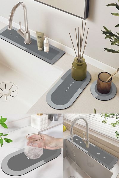 Else Dekor Else Grey Faucet Mat Σετ 3 Organizer Μπάνιου Νεροχύτης Ματ Σαπουνιού Θήκη για πινέλο Ματ κοσμήματος
