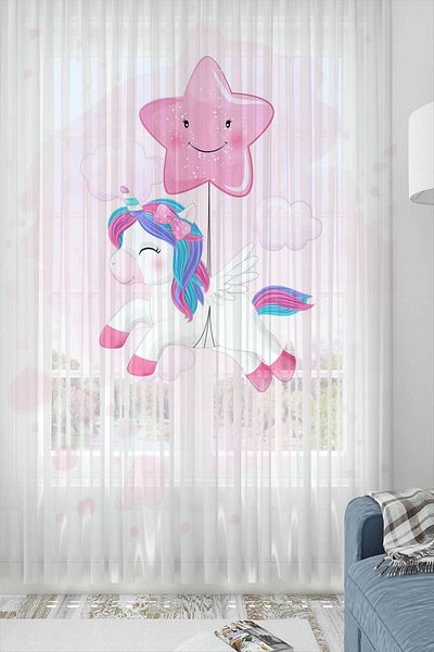 Else Dekor Cute Balloon and Horse Patterned Decorative Children Baby Tulle Backdrop Curtain