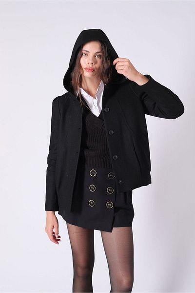 Yake Inflatable Quilted Lined Hooded Black Color Coat
