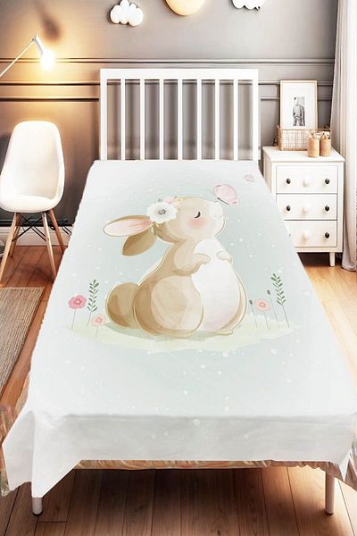 Else Dekor Blue Brown Rabbit Patterned Kids and Baby Bedspread - Cute Decorative Design
