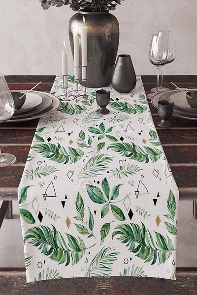 Else Dekor Aler de masă decorativ, lavabil, rezistent la pete, cu frunze tropicale, verde, alb, imprimat