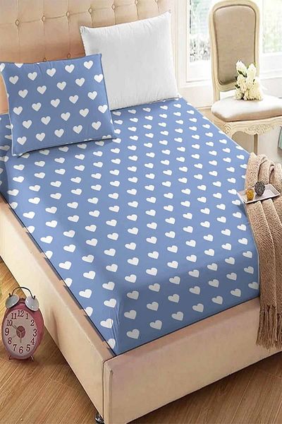 Else Halı Blue and White Heart Patterned Elastic Single Pillowed Elastic Sheet Set 90x190cm