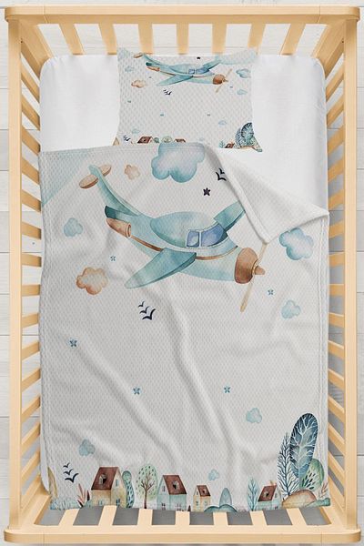 Else Dekor Blue Airplane City Forest Patterned Bedspread with Pillows Baby Pique Set