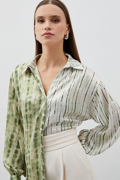 Sateen Balloon Sleeve Patterned Shirt - Khaki