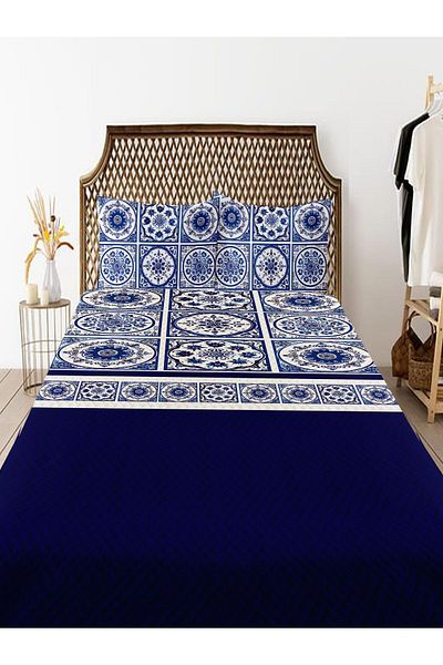 Else Dekor Double Blue and White Pique Set - Tile Patterned Bedspread