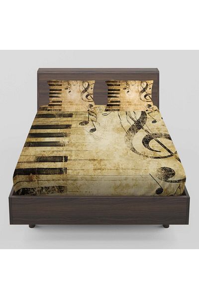 Else Halı Else Yellow Black Sheet Music Piano Patterned Elastic Double Sheet Set 160x200cm