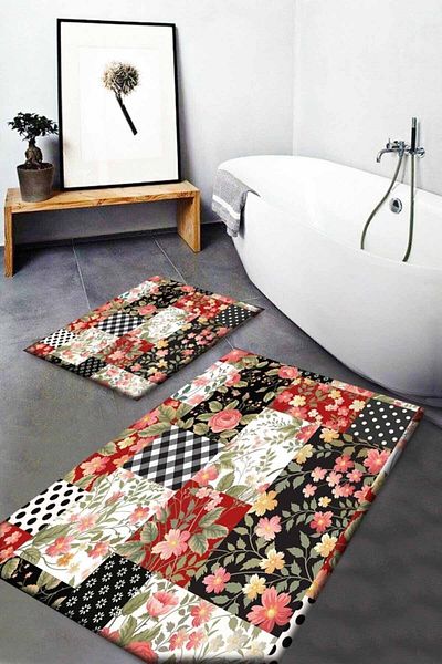 Else Halı Else Black Pink Patchwork Flowers Σετ 2 τεμαχίων τουαλέτας Σετ χαλάκι μπάνιου Μοκέτα