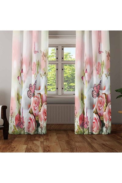 Else Dekor 3D Decorative Modern Background Curtain with Pink Roses and Butterflies