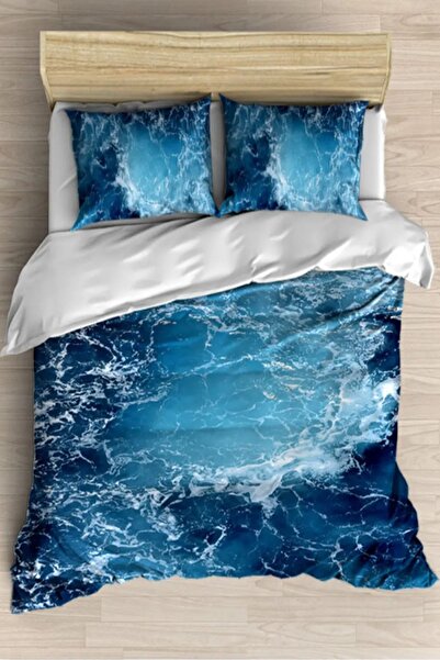 Else Halı Mavi Beyaz Deniz Dalgası 3d Desenli Çift Kişilik Nevresim Takımı