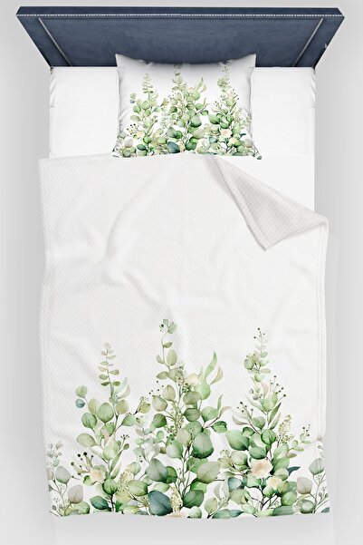 Else Dekor Зелений евкаліпт з візерунком у вигляді лози, принт, декоративний покривало на ліжко, односпальний комплект з подушкою