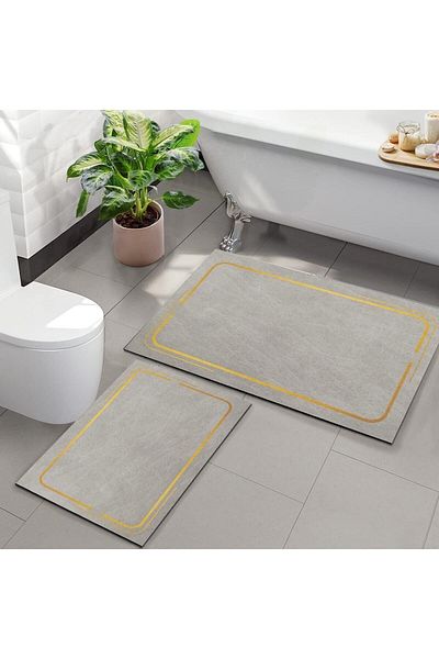 Else Halı Else Decor Γκρι κίτρινο μοτίβο πλενόμενη αντιολισθητική βάση 2 τεμαχίων χαλάκι μπάνιου Σετ καθίσματος τουαλέτας