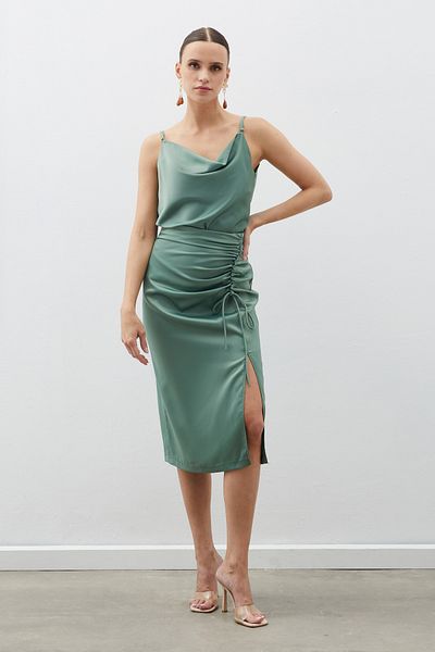 Sateen Satin Skirt with Shirring Detail - Khaki