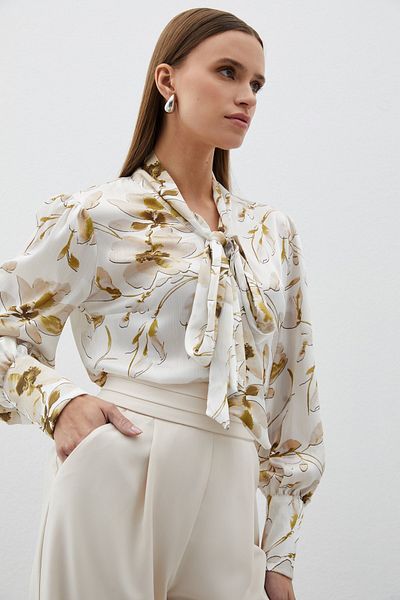 Sateen Floral Patterned Shirt with Scarf - Khaki