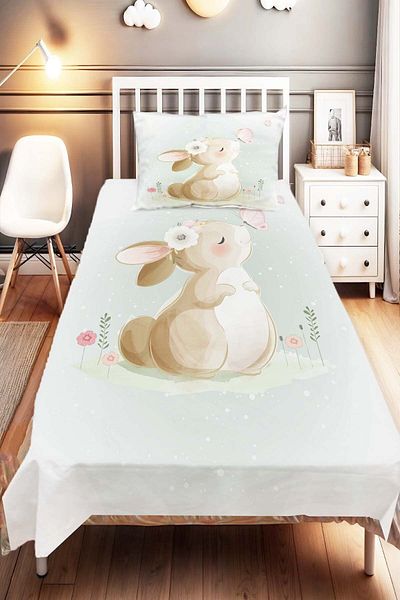 Else Dekor Blue Brown Rabbit Patterned Kids and Baby Bedspread - Cute Decorative Design