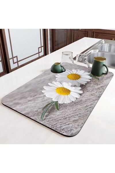 Else Halı Else Gri Sarı Papatyalar Tezgah Üstü Bulasik Kurutma Matı Kaymaz Ku...