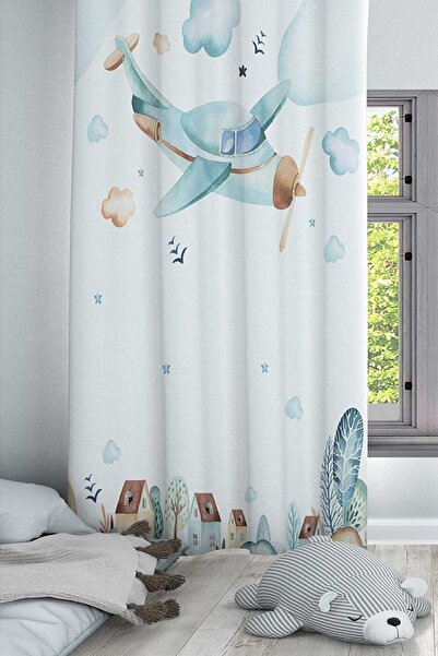 Else Halı Mavi Uçaklı Şehir Desenli Dekoratif Erkek Çocuk Ve Bebek Odası Fon Perde