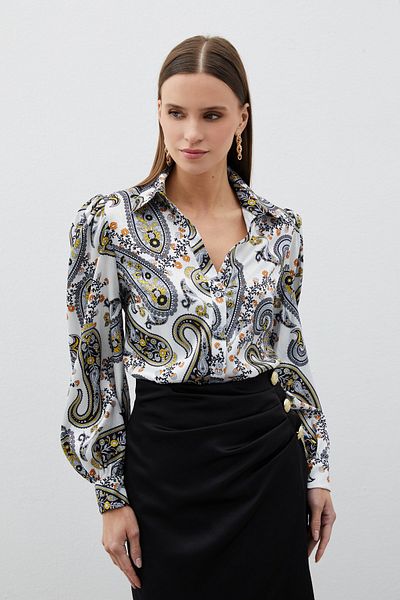 Sateen Puffy Sleeve Patterned Shirt - Black