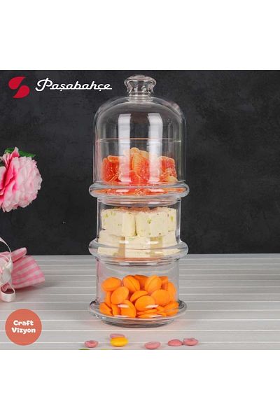 Paşabahçe Villa Patisserie 3-Tier Cookie Holder Presentation Glass Storage Container with Lid Small Size