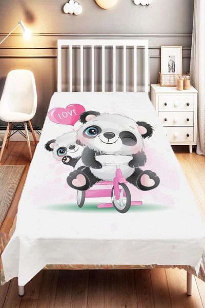 Else Dekor Panda Patterned Pink Love Bicycle Children and Baby Bedspread
