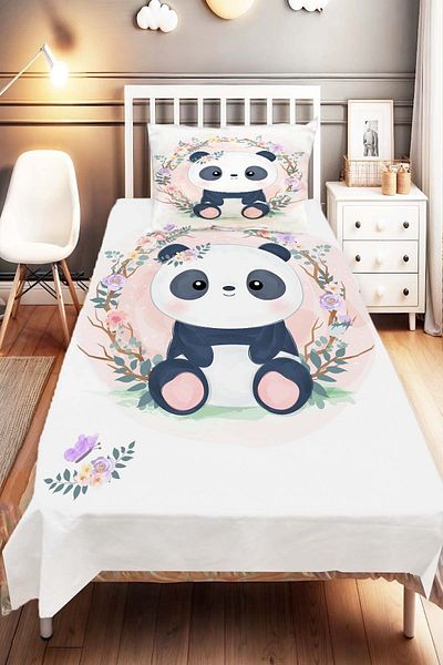 Else Dekor Panda Patterned and Pink Floral Children's and Baby's Bedspread - Decorative