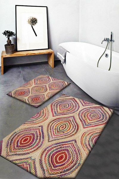 Else Halı Else Wicker Sisal Jute με μοτίβο πλενόμενη αντιολισθητική βάση 2 τεμαχίων χαλάκι μπάνιου Σετ καθίσματος τουαλέτας Jtsbny-5