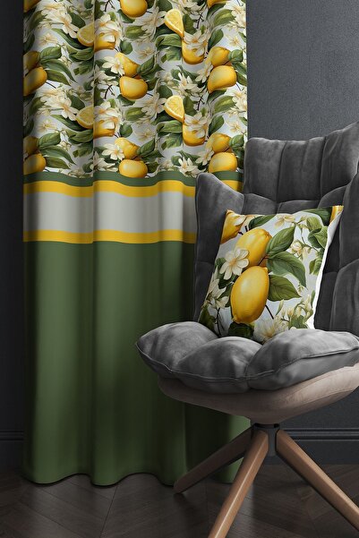 Else Halı Yeşil Yapraklı Limonlu Desenli Baskılı Kırlent Kılıflı Salon Mutfak...