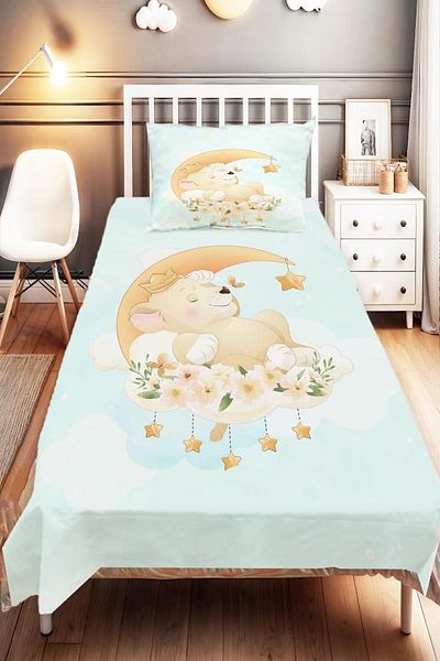 Else Dekor Sleepy Flower Patterned Bedspread with Teddy Bear for Kids and Baby Room