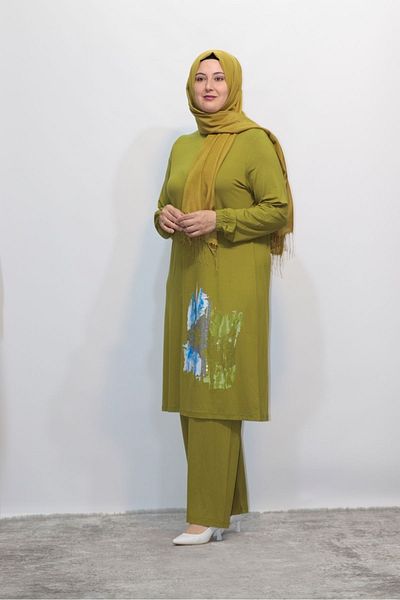 Zey&Ka Butik Plus Size - Sticker Printed Stone Detailed Mers Pants and Tunic Set