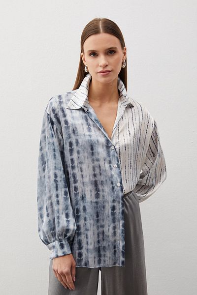 Sateen Gray Balloon Sleeve Patterned Shirt