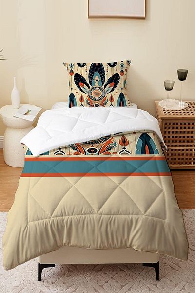 Else Dekor Single and Children's Microfiber Quilted Sleeping Set - Colorful Feathers Pattern, Quilt Pillowcase