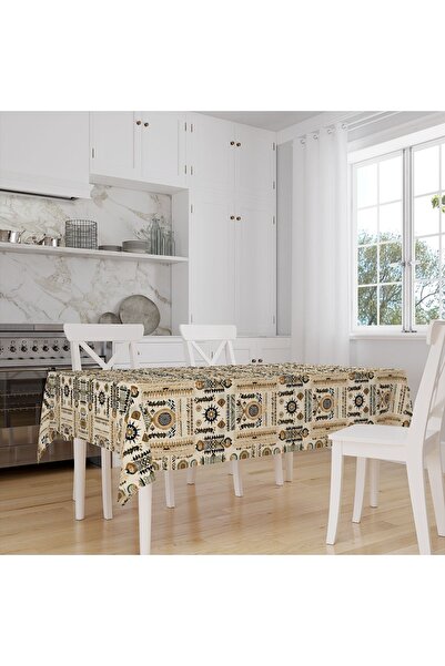 Else Dekor Кафява покривка за маса от плат с ретро шарки и дигитален щампован ефект от лен, устойчива на петна