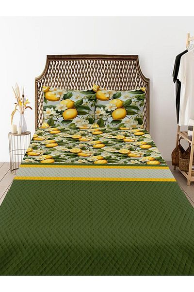 Else Dekor Green Lemon Patterned Printed Double Pique Bedspread Set