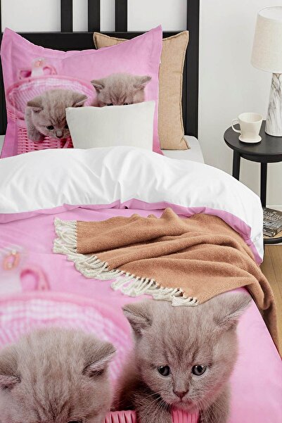 Else Dekor Pink Cute Cats - Patterned Printed Cotton Satin Children's Bedding Set