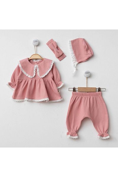 limebabies Newborn Baby Girl Triangle Collar Guipure Detailed Waffle Cotton Fabric Baby Set