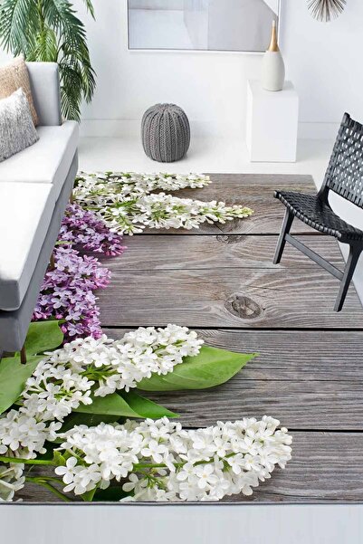 Else Halı Mor Lavanta Çiçek Desenli Modern Kaymaz Yıkanabilir Mutfak Salon Ha...