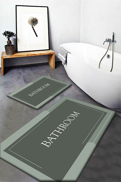 Else Dekor Green Khaki Bath Written Washable Αντιολισθητικό Σετ 2 τεμαχίων Χαλάκι μπάνιου Σετ καθίσματος τουαλέτας Μοκέτα Passo-9