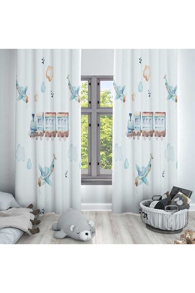 Else Dekor Blue Patterned Train Airplane Background Curtain for Boys' and Baby's Room