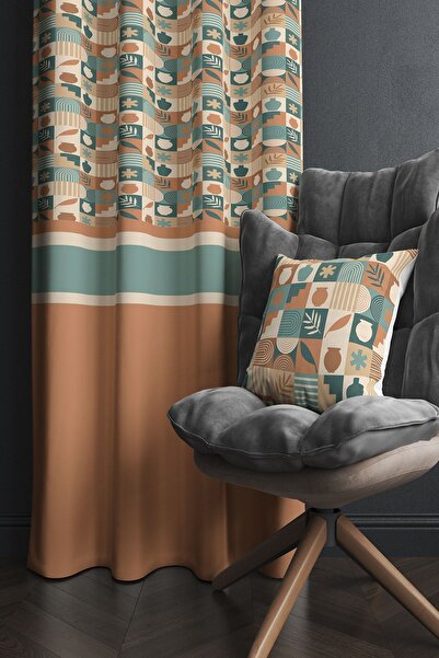 Else Halı Kahverengi Retro Desenli Baskılı Kırlent Kılıflı Salon Mutfak Fon P...